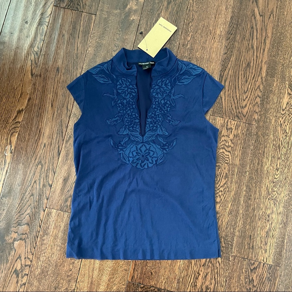 Vivienne Tam - NWT Dark Blue Deep Slit Top - Size 2